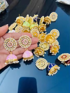 Pendientes étnicos tradicionales Meenakari, joyería, recuerdo de fiesta, aro de perlas Kundan, Jhumka, pendientes de novia indios paquistaníes, suministros - Product Image 2