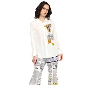 Conjunto de poliéster estampado multicolor para mujer con top de cuello camisero y diseño de manga larga combinado con pantalones a juego - Product Image 1