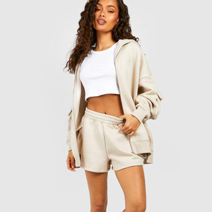 Custom Latest Stone 2 Piece <b>Women's</b> <b>Cargo</b> Pocket Zip Through <b>Shorts</b> Tracksuit Set Hoodie & <b>Short</b> <b>Women</b> Tracksuit Set 2 Piece Set - Product Image 1