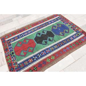 4.1x6 ft Area Vintage Rug, Turkish Rug, <b>Red</b> Blue Moroccan <b>Wool</b> Rug - Product Image 4
