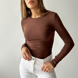 Camiseta de manga larga acanalada para mujer, camiseta interior básica informal con capas de punto y cuello redondo ajustado - Product Image 2