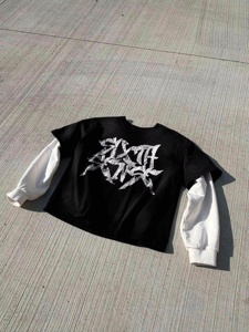 Camiseta personalizada de alta calidad con estampado de dos piezas simulado, camiseta de manga larga de doble capa Vintage rasgada de algodón para hombres - Product Image 5