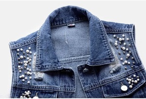 Nouvelle pierre imprimé à capuche Jeans veste personnaliser élégant sans manches femme veste coton respirant lavé Denim veste - Product Image 6