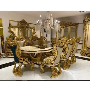 Ensemble de table à manger de luxe en or poli pour 8 personnes, table à manger royale en teck sculpté à la main, table à manger haut de gamme, table à manger lourdement sculptée, USA - Product Image 1