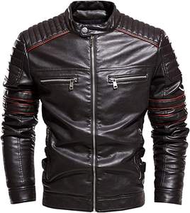 Blouson en cuir enduit pour homme avec col montant réfléchissant style motard épais - Product Image 3