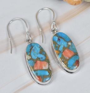 หอยนางรมทองแดงเทอร์ควอยซ์ 925 เงินสเตอร์ลิงอัญมณีต่างหูตะขอธันวาคม Birthstone เครื่องประดับทําด้วยมือรูปไข่ของขวัญสําหรับเธอ - Product Image 3