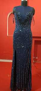 Robe de soirée élégante sans manches, col en V, perles à la main, paillettes noires, manches longues, tenue de fête, élégante, collection - Product Image 3