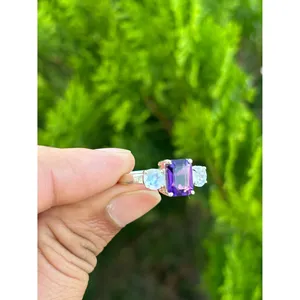 Vintage 925 <b>Silver</b> <b>Ring</b> with <b>Emerald</b> Cut Diamond Oval Cut Natural Amethyst Moonstone Rhodium Plated Car Pattern Engagement Style - Product Image 2