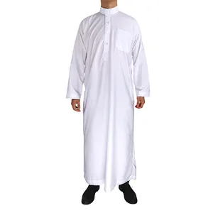 白色染色卡夫坦穆斯林男士Thobe长袖纯色透气长袍2022圆架领阿巴亚男士100% 棉阿拉伯男士
