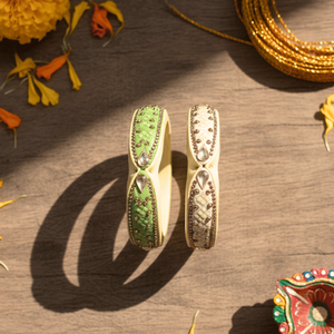 Set of 2 Green & Off-White Embellished Lac Cuff <b>Bracelets</b> Fashion Bangles - Product Image 6