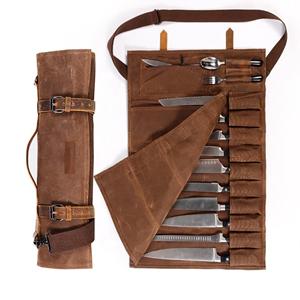 Bolso enrollable de cuchillo de chef de cuero de lona encerada marrón resistente personalizado a prueba de agua de diseño, bolsa enrollable de cuero, 2017 - Product Image 1