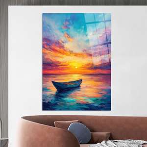 Impression sur toile de bateau au coucher du soleil : Œuvre d'art de paysage marin vibrant, scène océanique paisible, ART SUR VERRE TÉMPERÉ - Product Image 1
