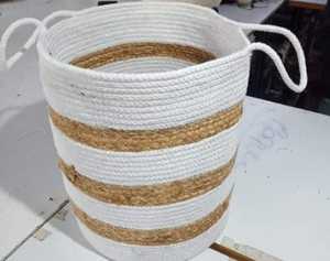 Boho Style Handwoven Cotton and Jute <b>Storage</b> <b>Basket</b> with Striped <b>Rope</b> for Hotel Use in Laundry and Home Decor - Product Image 2