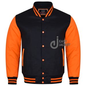 Custom Men's <b>Jackets</b> letterman <b>Real</b> <b>Leather</b> Varsity <b>Jacket</b> Black with Orange Color Embroidery Logos and Labels <b>jacket</b> for men - Product Image 1