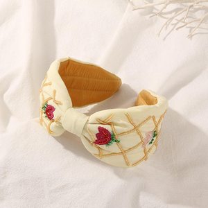 Bandeau en tissu à carreaux perlé avec broderie de tulipes, couleur bonbon, accessoires de mode pour femmes - Product Image 6