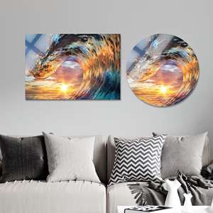 Sérénade au coucher du soleil : Impression sur toile sur le thème de l'océan - Décoration de plage vibrante, verre circulaire - Product Image 1