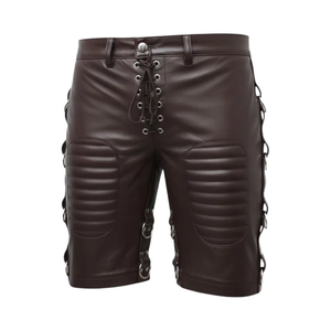 Nuevo Diseño de Pantalones Cortos de Motociclista de Cuero Genuino con Cordones y Paneles Acolchados para Hombre, Color Marrón Oscuro - Product Image 1