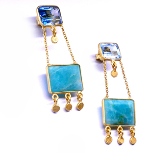 Boucles d'oreilles classiques faites à la main en argent sterling 925 plaqué or avec amazonite et topaze bleue pour femmes - Product Image 4