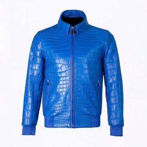 Chaqueta Bomber de Cuero Genuino Azul Vibrante con Cierre Frontal Completo, Puños y Dobladillo Acanalados, Impermeable - Product Image 1