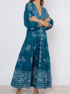 Bohemian V-Neck Floral Print Jersey Maxi <b>Dress</b> with Puff Sleeves Loose Mid-<b>Calf</b> Casual 100% Cotton Eco-Friendly A-Line for Women - Product Image 4