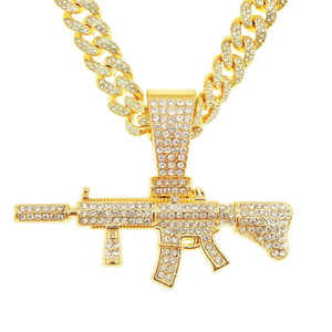 Collier pendentif unisexe AK47 en or et argent, chaîne cubaine sertie de diamants de laboratoire, bijoux de luxe certifiés IGI/EGL - Product Image 1