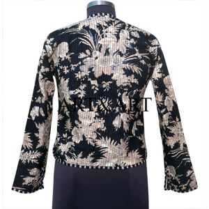 Women's <b>Quilted</b> Cotton <b>Jacket</b> with Hand Block Floral Print V-Neck and Stripe Decoration Trendy Winter Party Wear - Product Image 5
