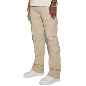 Custom Made Men Tan Color Stacked Nylon Cargo Pants With Button Fly Waist For Sale Men Flared Cargo Trousers