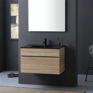 Meuble de salle de bain mural de 90 cm avec tiroir effet bois et lavabo noir Shanghai - Catégorie de produit : Lavabos - Product Image 2