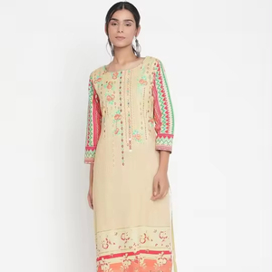 Kurtis de Verano de Algodón Puro de Diseño Étnico Indio con Manga Larga y Cuello Redondo, Estampado Casual para Bodas y Festivales - Product Image 1