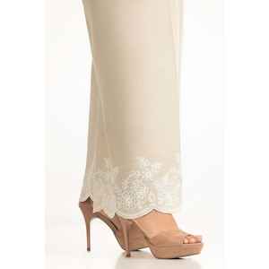 Pantalon large beige brodé en khaddar pour femme, respirant, coupe droite, options taille haute/moyenne, idéal pour le bureau, effet vieilli - Product Image 3