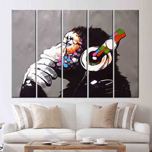 Elegante lienzo impreso con arte de mono de Banksy, diseño moderno de graffiti abstracto, 5P:Gallery Wrapped - Product Image 1