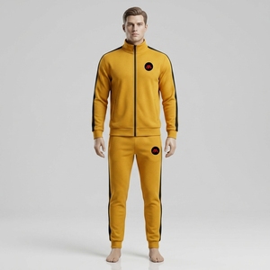 Ensemble de survêtement décontracté jaune moutarde pour homme, veste athlétique à fermeture éclair intégrale, pantalon de jogging avec bandes latérales noires, vêtements de sport pour l'entraînement et la gym - Product Image 1
