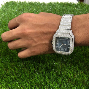 นาฬิกาข้อมือผู้ชายหน้าปัดสี่เหลี่ยมสีฟ้าประดับเพชรเย็นสีขาวทองหน้าปัดแก้วสแตนเลสตัดเพชรสำหรับใช้ในธุรกิจ - Product Image 3