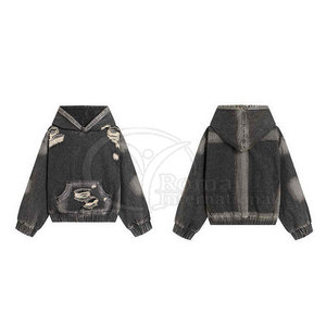 เสื้อฮู้ดดี้ฟอกสีคุณภาพสูงสำหรับผู้ชาย สไตล์วินเทจขาดๆ แบบสตรีทแวร์ ผ้าฝ้าย - Product Image 2