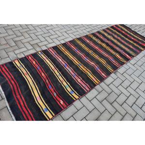 Vintage Kilim <b>Runner</b> Rug 3.3x11.3 ft (100x343 cm), Turkish <b>Black</b> Floral Rug - Product Image 2