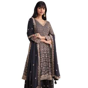 Costume Palazzo Brodé en Georgette Bleu Nuit Vente en Gros de Vêtements Ethniques OEM pour Femmes Usine Fournisseur en Vrac Mode Personnalisée - Product Image 4