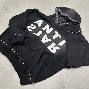 <b>Zip</b> <b>up</b> <b>Black</b> Wash Sun Faded <b>Hoodies</b> Cropped Distressed Embroidered Patches Hoodie Blank Custom Distressed Hoodie - Product Image 2