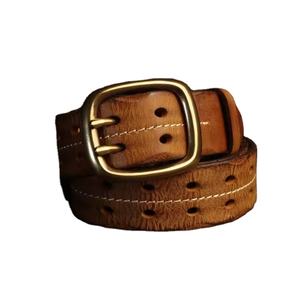 Ceinture en cuir véritable OEM pour hommes, double aiguille, première couche de cuir de vache, boucle en cuivre, design creux, ceintures en cuir de vache - Product Image 1