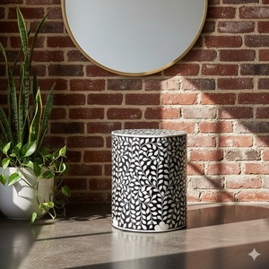 Mesa de Centro Redonda Moderna con Incrustaciones de Hueso Negro, Fabricada a Mano con MDF de Pino Premium, Mesa Decorativa para Sala de Estar - Product Image 2