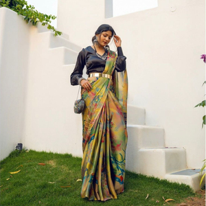 สารีอินเดียกับคอลเลกชันใหม่ของการพิมพ์เสื้อซาตินบริสุทธิ์ออกแบบสารีอินเดียพร้อมที่จะสวมใส่ผ้าไหมส่าหรีสำหรับขายส่ง - Product Image 1