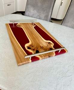 <b>Rustic</b> Solid Oak Wood Blue Epoxy Resin River Serving Tray With Metal Handles Decorative Kitchen <b>Coffee</b> <b>Table</b> Platter Gift Pieces - Product Image 4