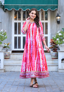 Conjuntos de vestido Anarkali Kurti, ropa de fiesta lista para mujer, elegante y cómoda, diseñador de tela de rayón bordado y teñido con lazo, estampado - Product Image 5