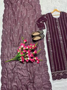 Presenting Heavy Designer Faux Georgette Heavy Embroidery Sequence Work Long Top <b>and</b> Pant With Sequence Cut Work Dupatta - Product Image 5