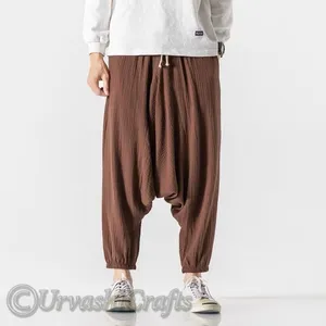 Keten pantolon adam yaz moda Hip Hop Harem pantolon erkek Joggers İpli elastik bel Baggy bırak kasık erkek Harem pantolon