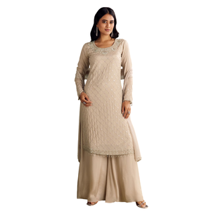 Vente en gros de vêtements ethniques pour femmes OEM Custom SuitSet Chinon Kurta Palazzo beige clair avec pétoncle Cutdana Dupatta Vente en gros - Product Image 1