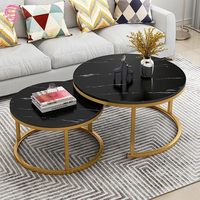 Juego de 2 Mesas de Centro Modernas, Móviles y Decorativas, con Marco de Acero Inoxidable y Tapa de Mármol Negro, para Hoteles y Apartamentos