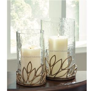 Bougeoir de forme ronde en aluminium et verre Golden Hurricanes avec conception de feuille pour décor de table de fête d'événement à la maison - Product Image 5