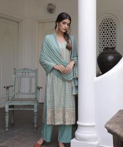 Costume de créateur Salwar Kameez tripal sequunce, vêtements indiens de travail et dupata, filet en soie, vêtements pour femmes - Product Image 3