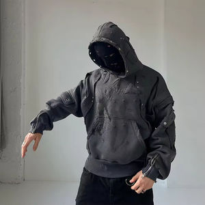 Sudadera con capucha de invierno de talla grande, gruesa, con cremallera, personalizada, con lavado ácido desgastado, oversize, 100% algodón, con pedrería, de corte regular, bordada - Product Image 1