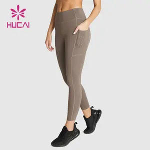 HUCAI özel activewear özel etiket egzersiz ezme baskı Spandex Polyester yüksek bel spor tayt cepler ile